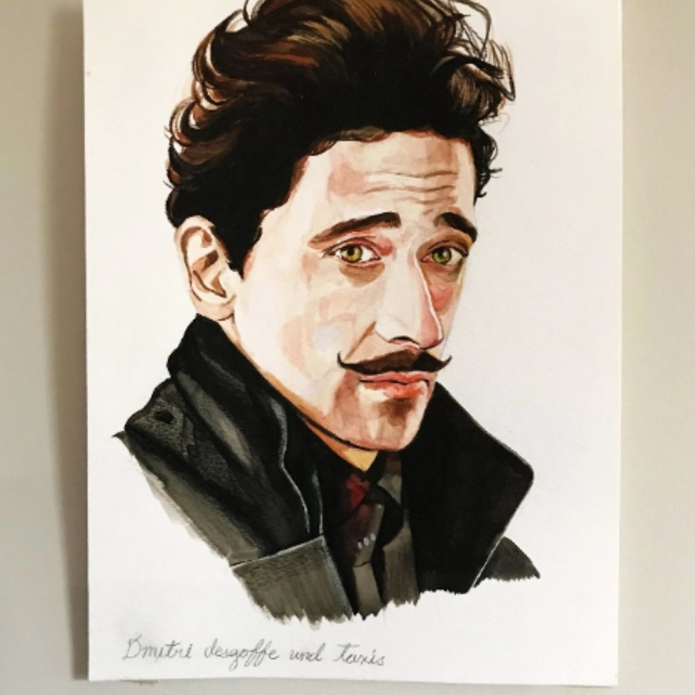 Fan art drawing painting of Dimitri from the film "The Grand Budapest Hotel"